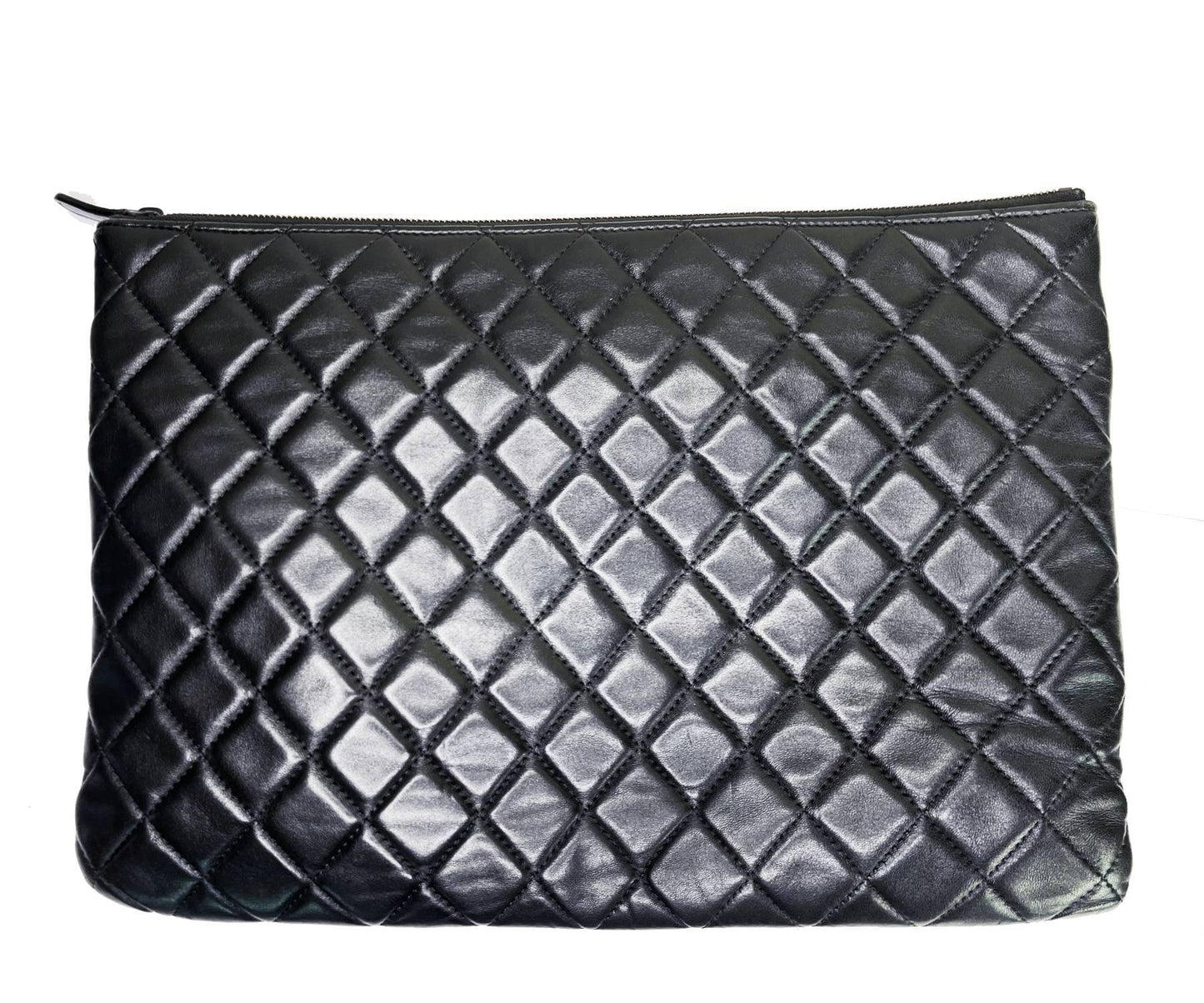 CHANEL Black Leather Flap Quilted Large Clutch