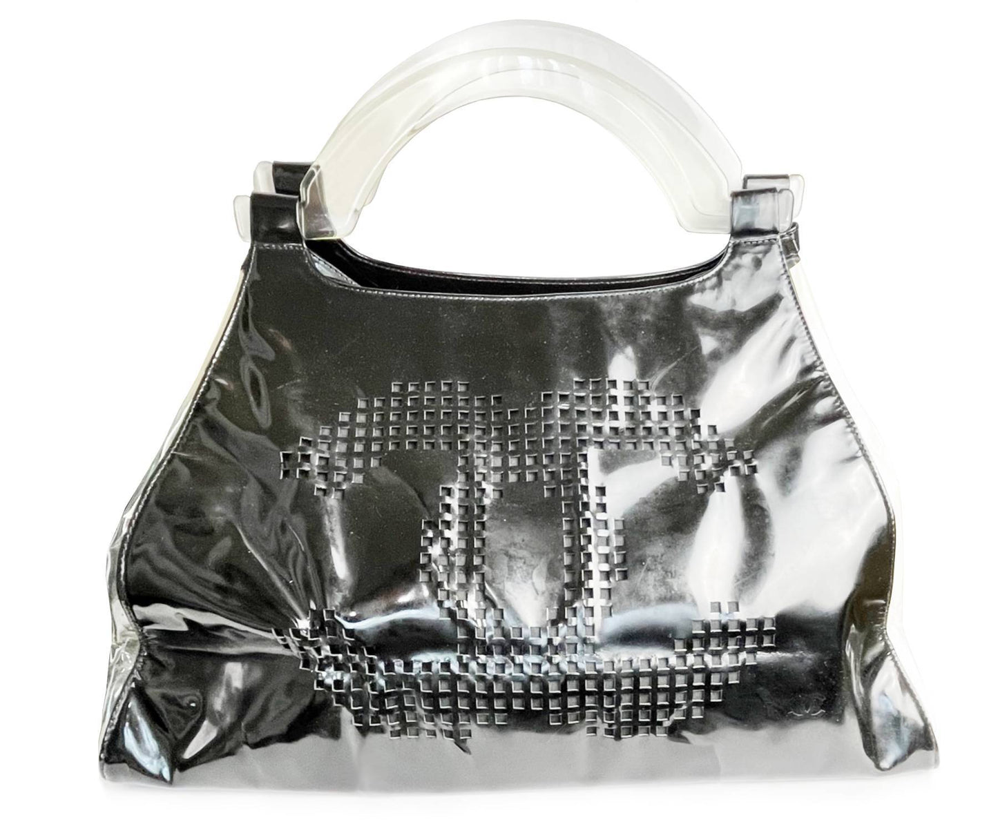 CHANEL Black Patent Leather Punch Hole Clear Handle XXL Handbag