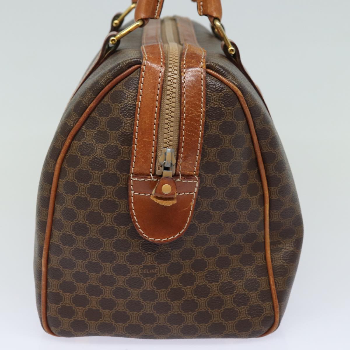 Luxury CELINE Macadam Canvas Boston Bag PVC Leather Brown 15494