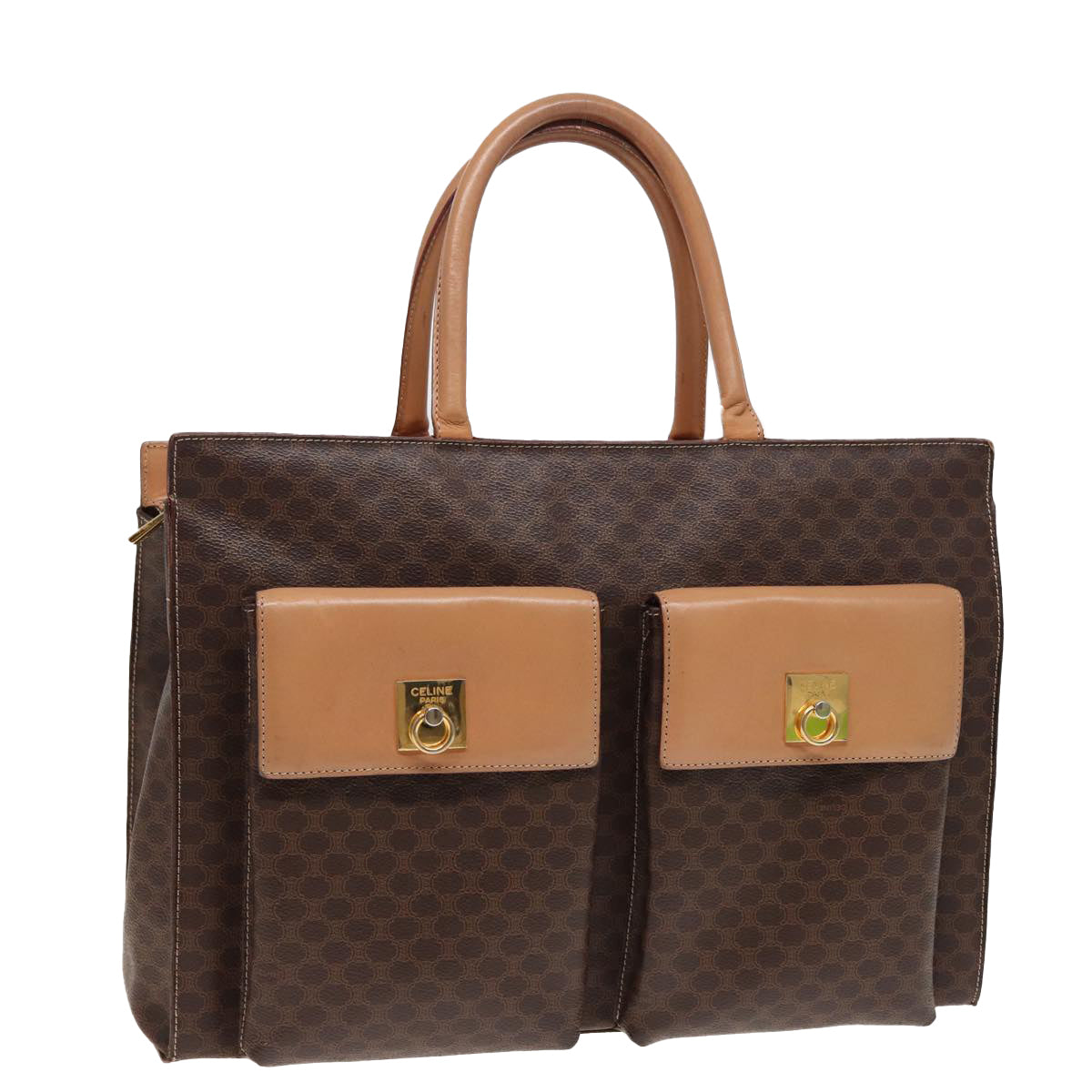 Luxury CELINE Macadam Canvas Hand Bag PVC Leather Brown 15629