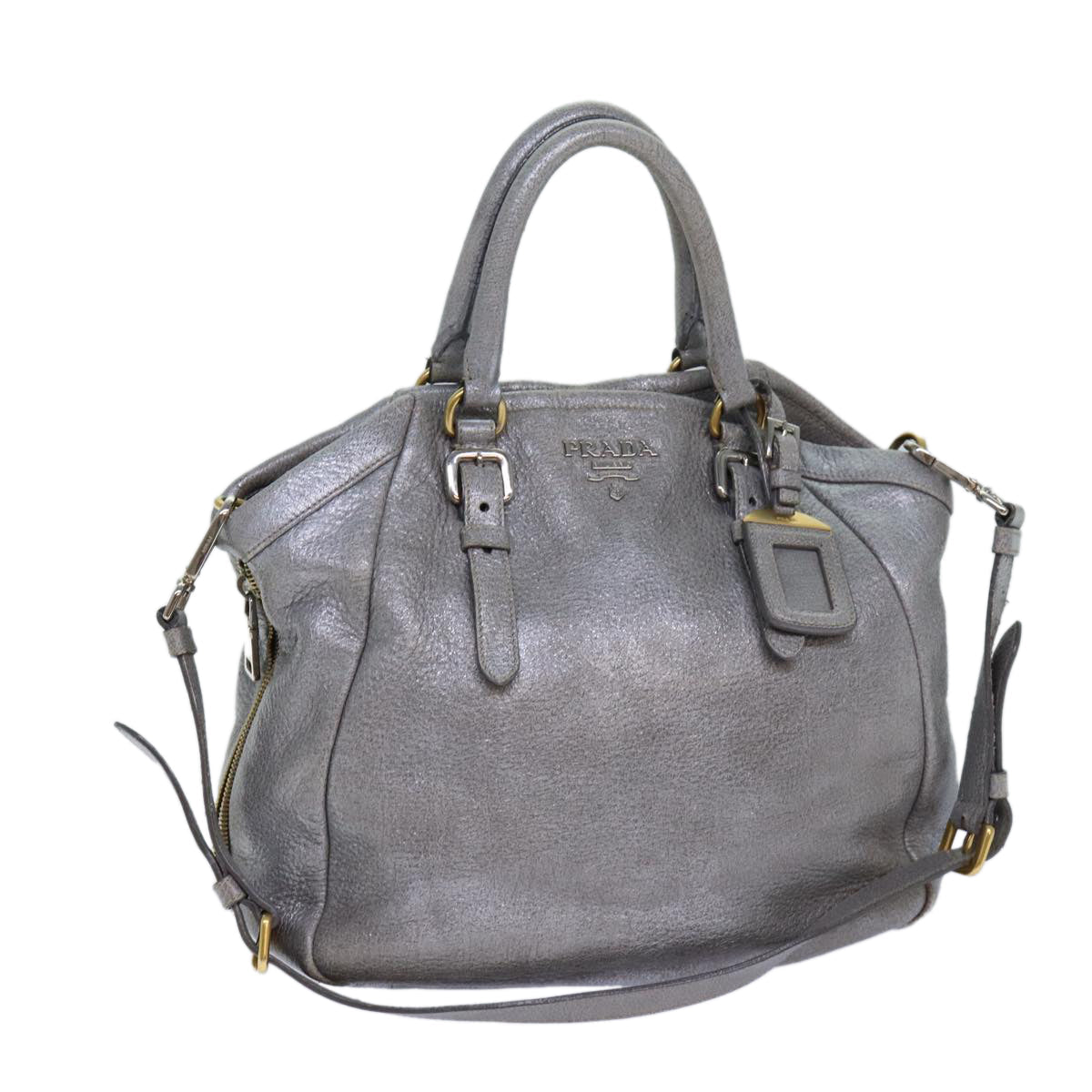 PRADA Hand Bag Leather 2way Silver Auth