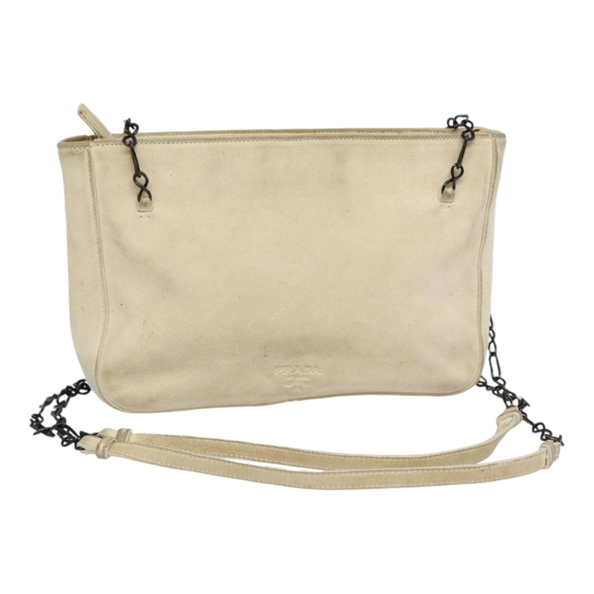 PRADA Chain Shoulder Bag Suede Beige Silver Auth