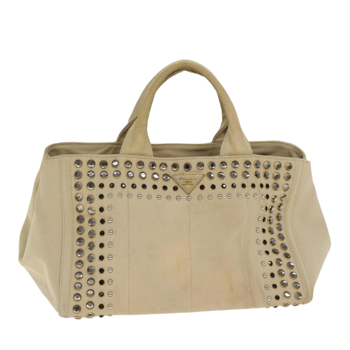 PRADA Canapa MM Hand Bag Canvas Beige Gold Auth