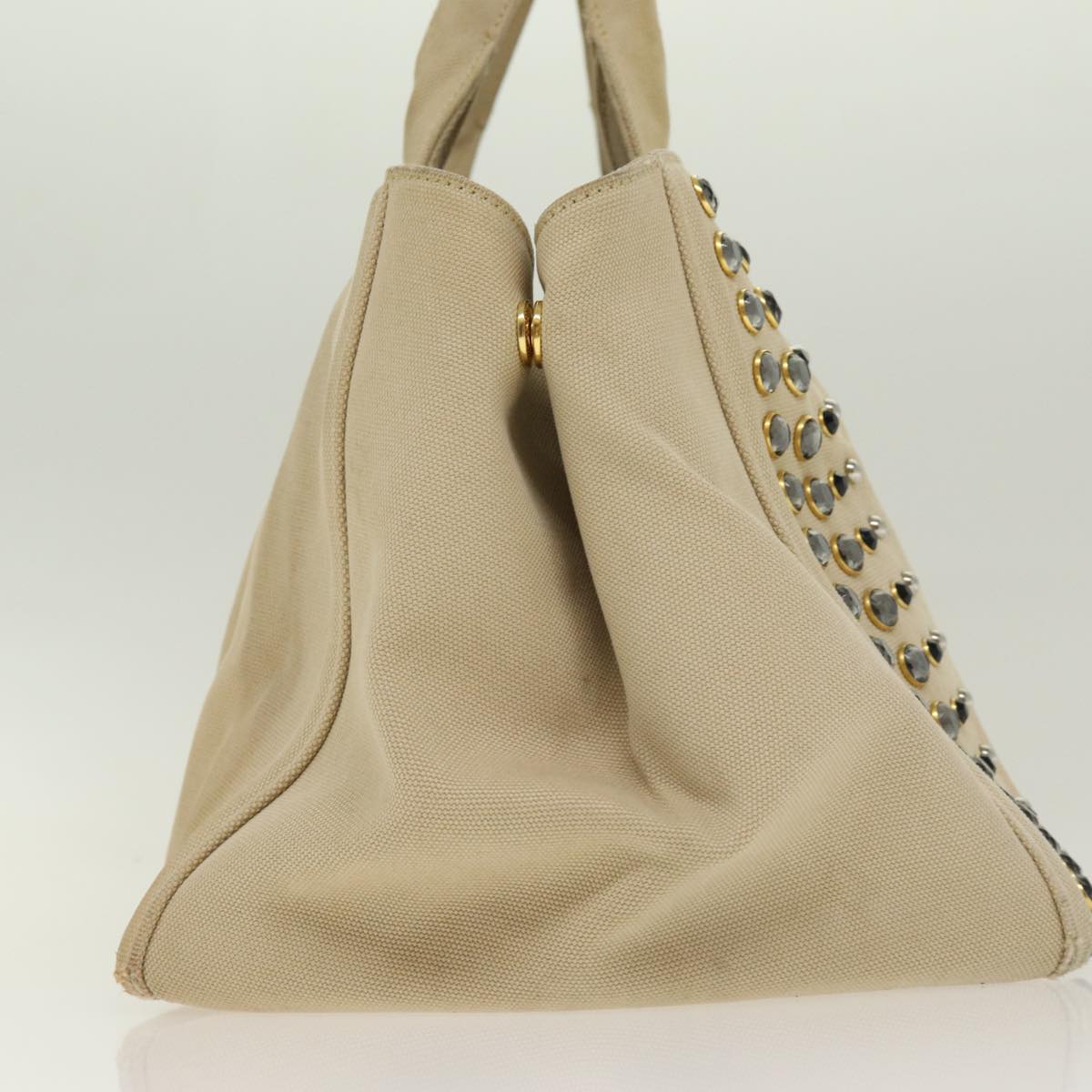 PRADA Canapa MM Hand Bag Canvas Beige Gold Auth