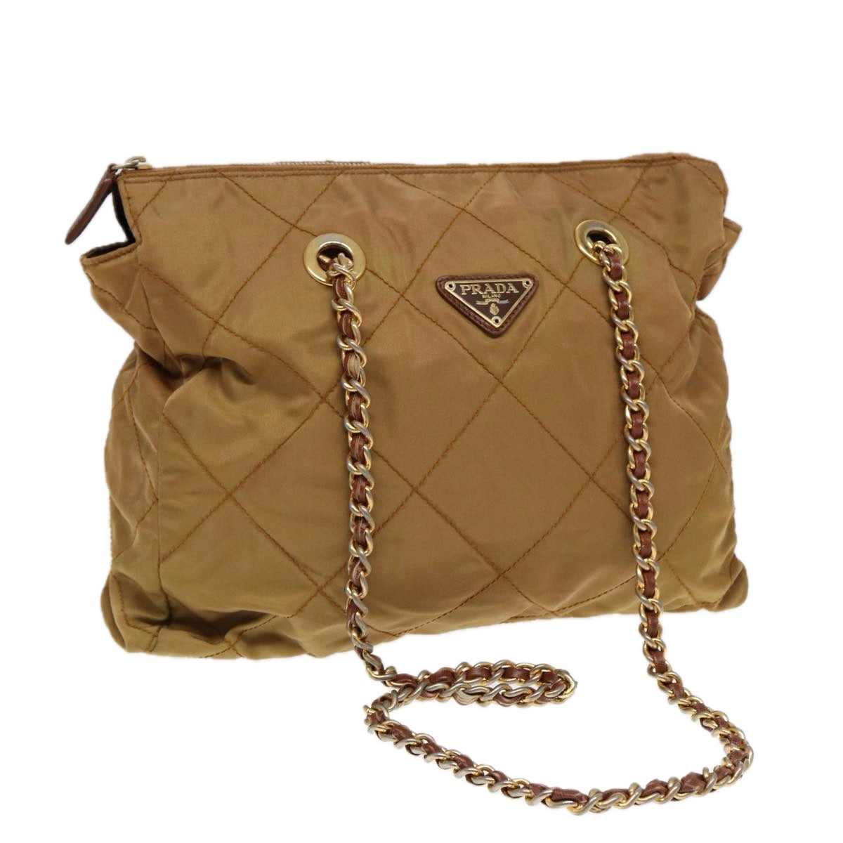 PRADA Chain Shoulder Bag Nylon Brown Gold Auth