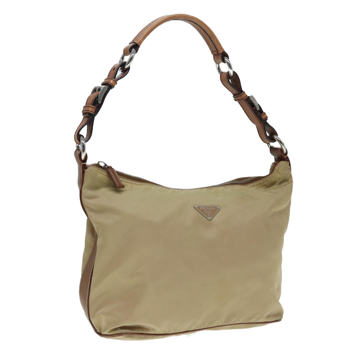 PRADA Shoulder Bag Nylon Leather Beige Silver Auth