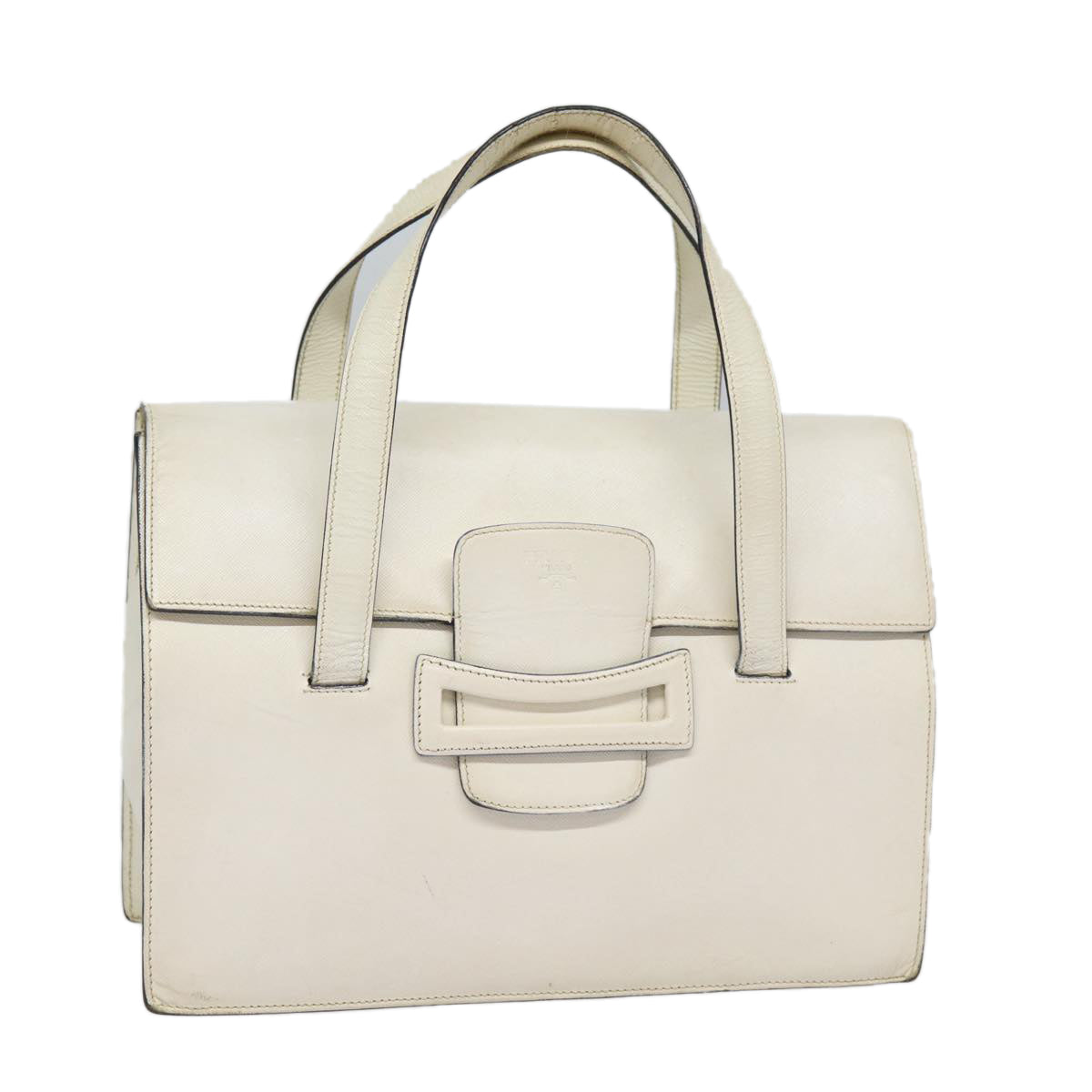 PRADA Hand Bag Leather White Gold Auth
