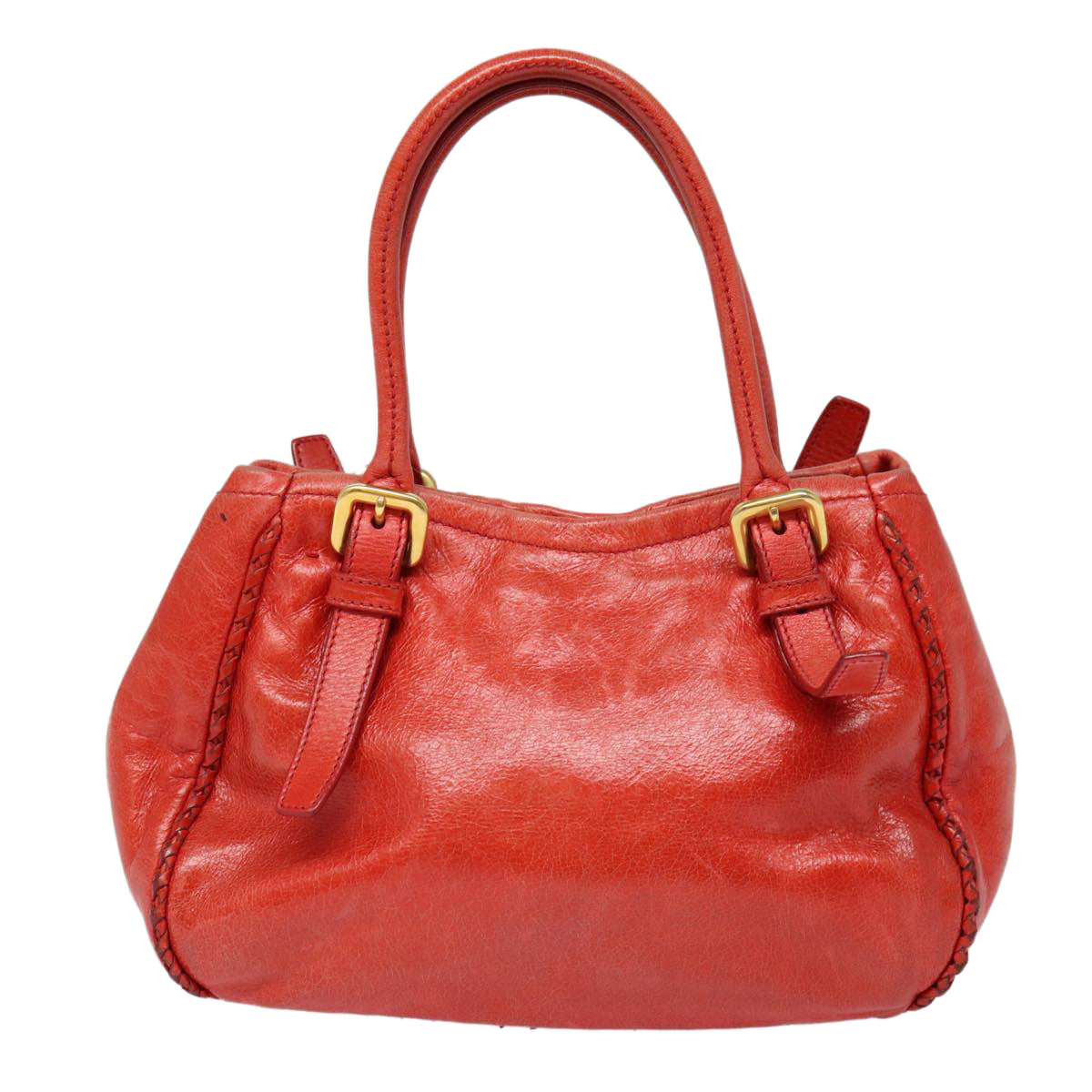 PRADA Hand Bag Leather Red Gold Auth