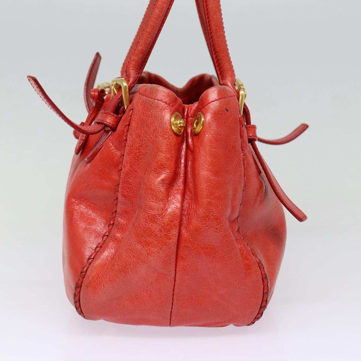 PRADA Hand Bag Leather Red Gold Auth