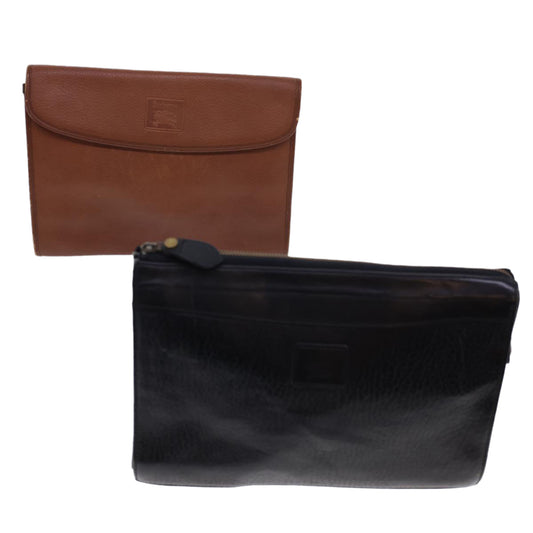 Burberry Clutch Bag Leather 2Set Brown Black Auth bs4863