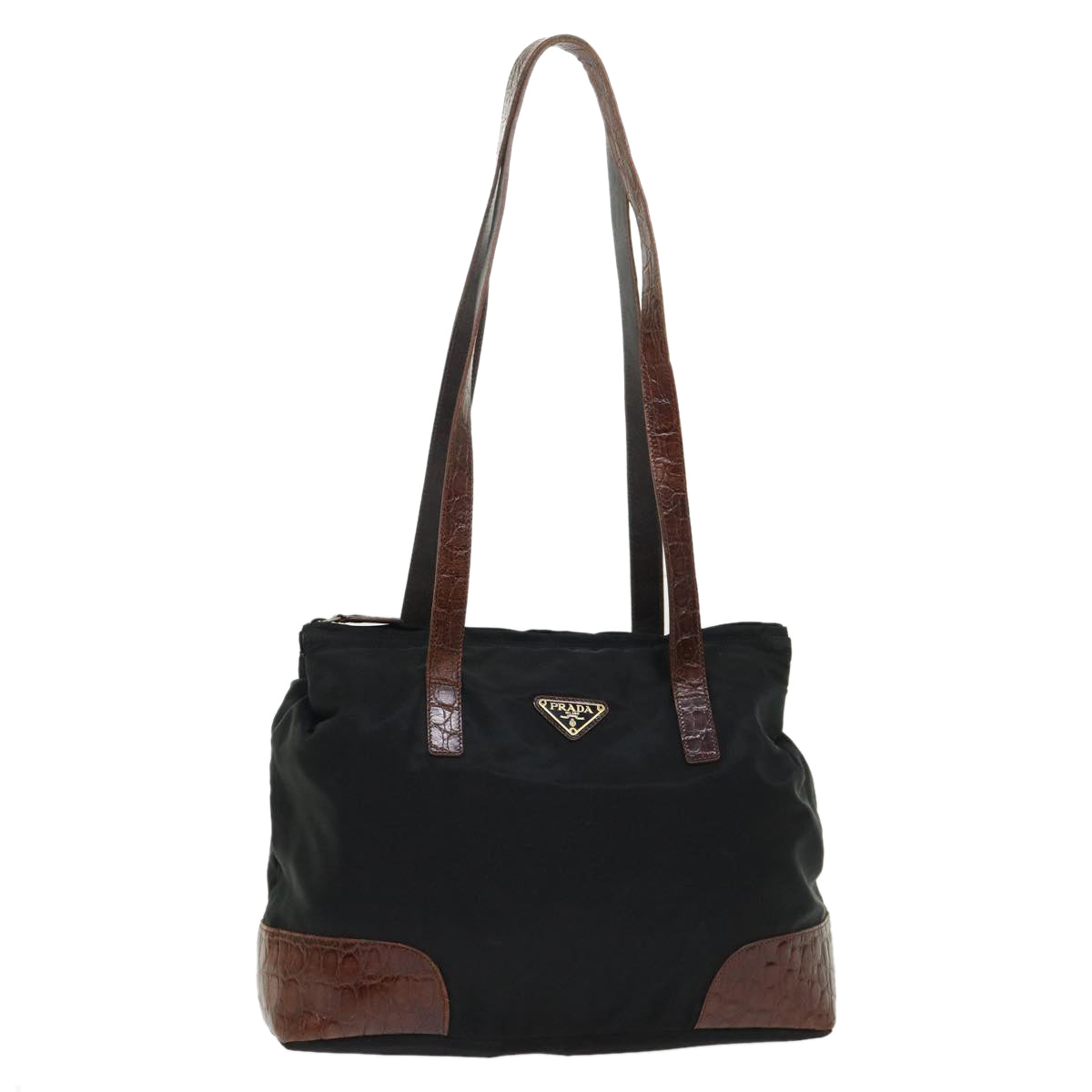 Prada Shoulder Bag Leather Nylon Black Brown