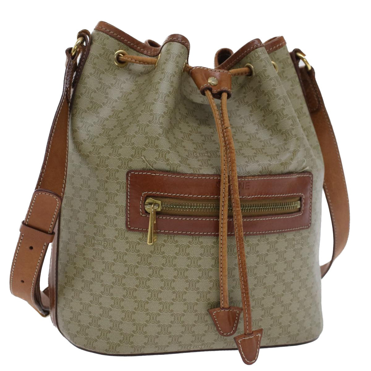 Luxury CELINE Macadam Canvas Shoulder Bag PVC Leather Beige Brown 7489