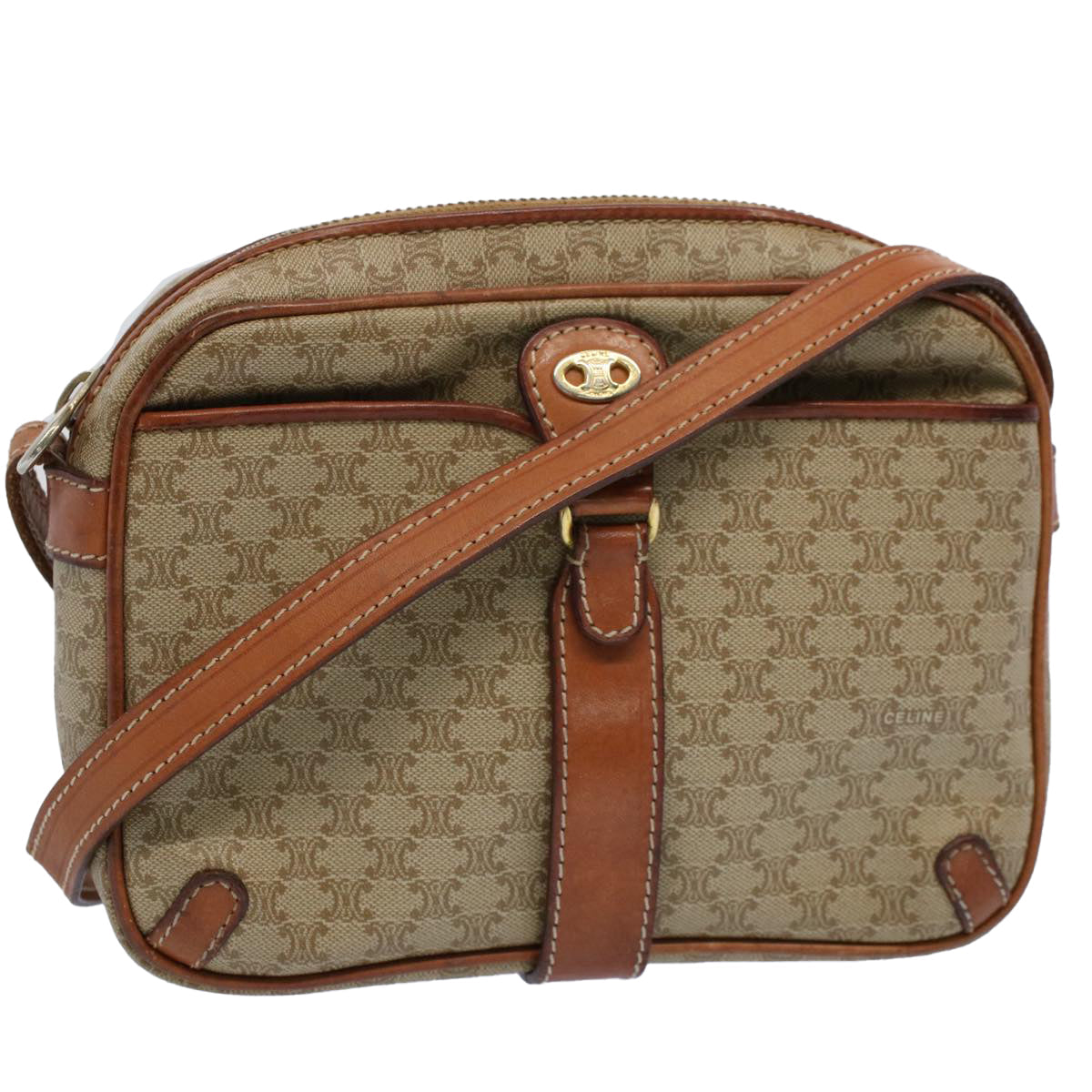 Luxury CELINE Macadam Canvas Shoulder Bag Leather Beige 8427