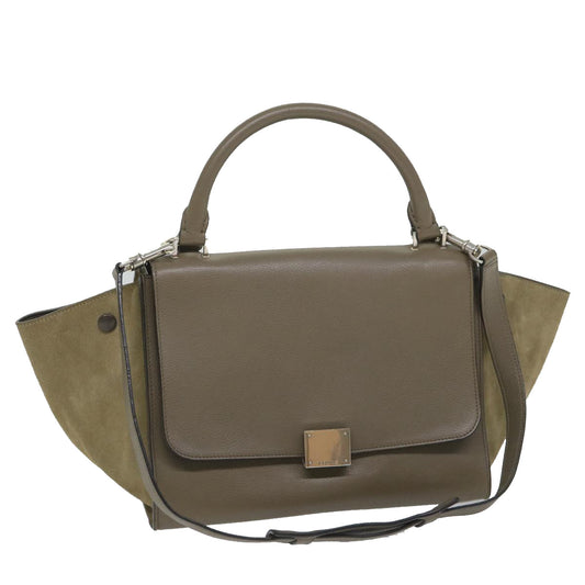 Luxury CELINE Trapeze Hand Bag Leather 2way Brown Gray 8887