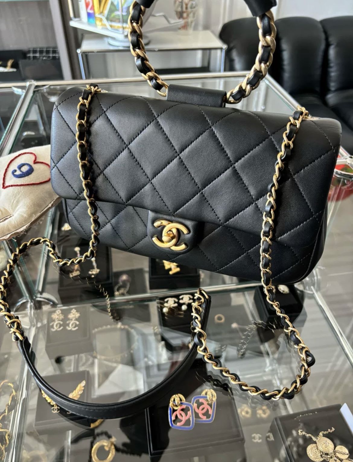 Chanel Circular Handle Flap Bag Black Lambskin Aged Gold Hardware