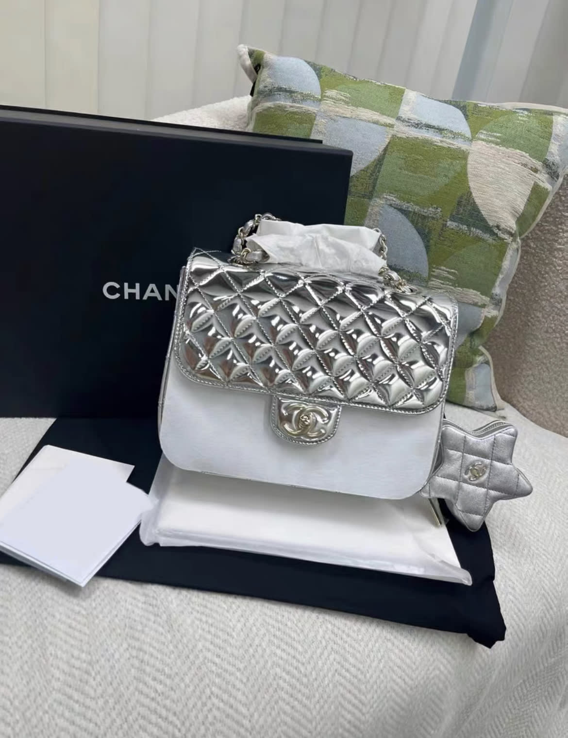 CHANEL 24C BACKPACK WITH STAR PATENT SILVER LGHW (MICROCHIP)