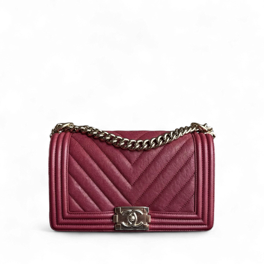 Chanel Boy Medium - Caviar 25CM Chevron Red Gold Hardware Series 28