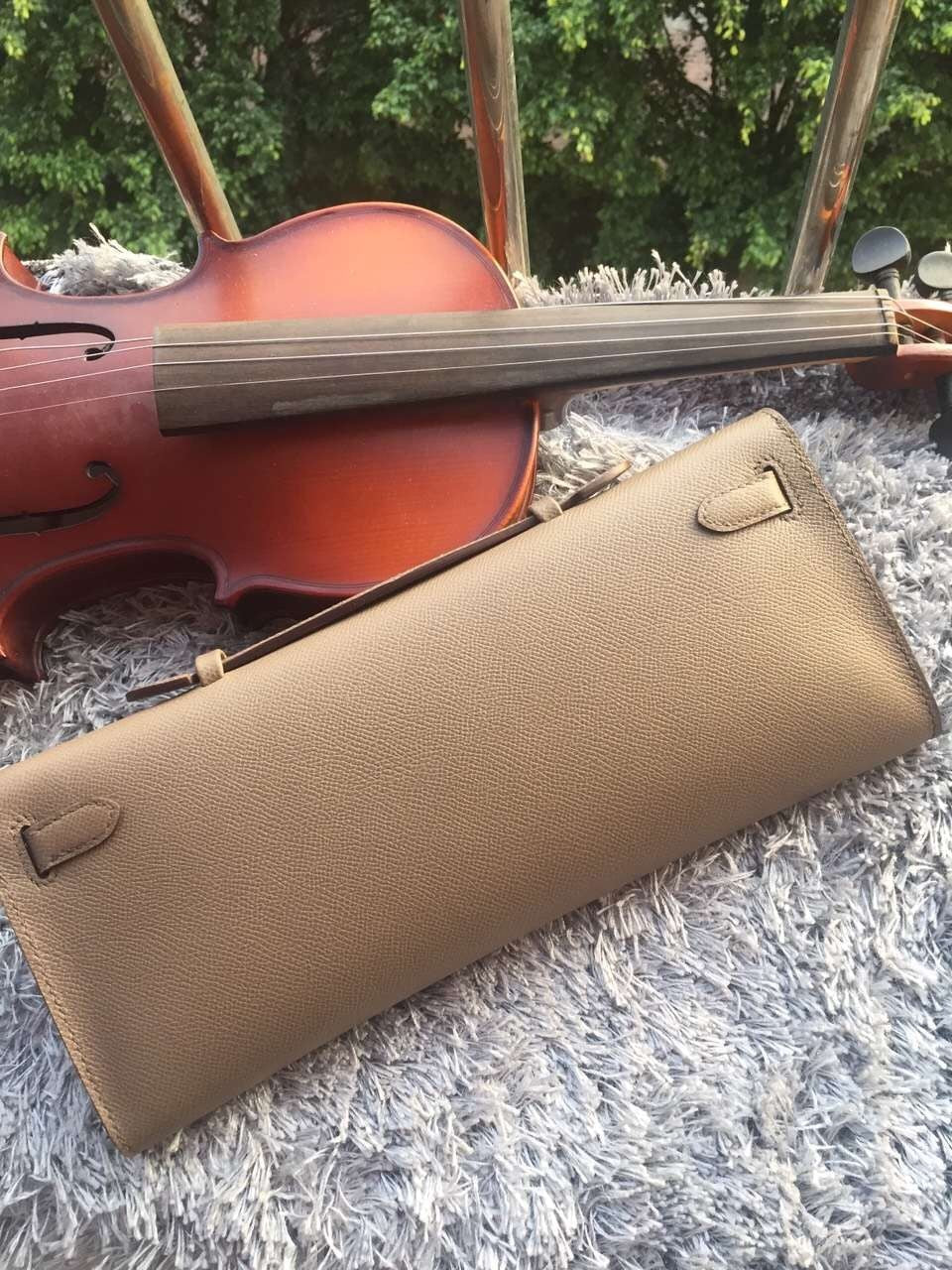 Luxury Hermes Etain Handcrafted Kelly Cut Clutch