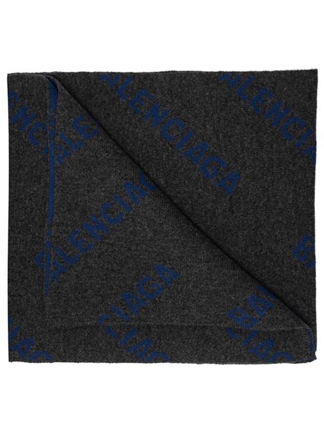 Luxury Balenciaga Trending 2026 All Over Logo Wool Muffler Blue Dark Grey
