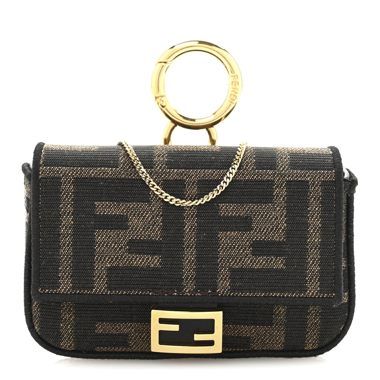 Fendi Fabric Jacquard FF 1974 Nano Baguette Charm Tobacco Moro Black