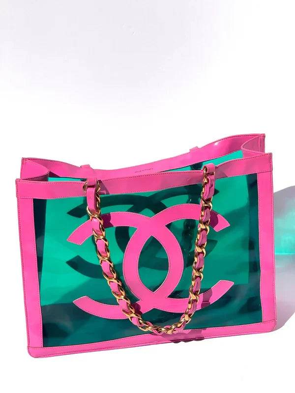 Chanel 1995 Barbie Pink Patent PVC Chunky Chain Tote Bag