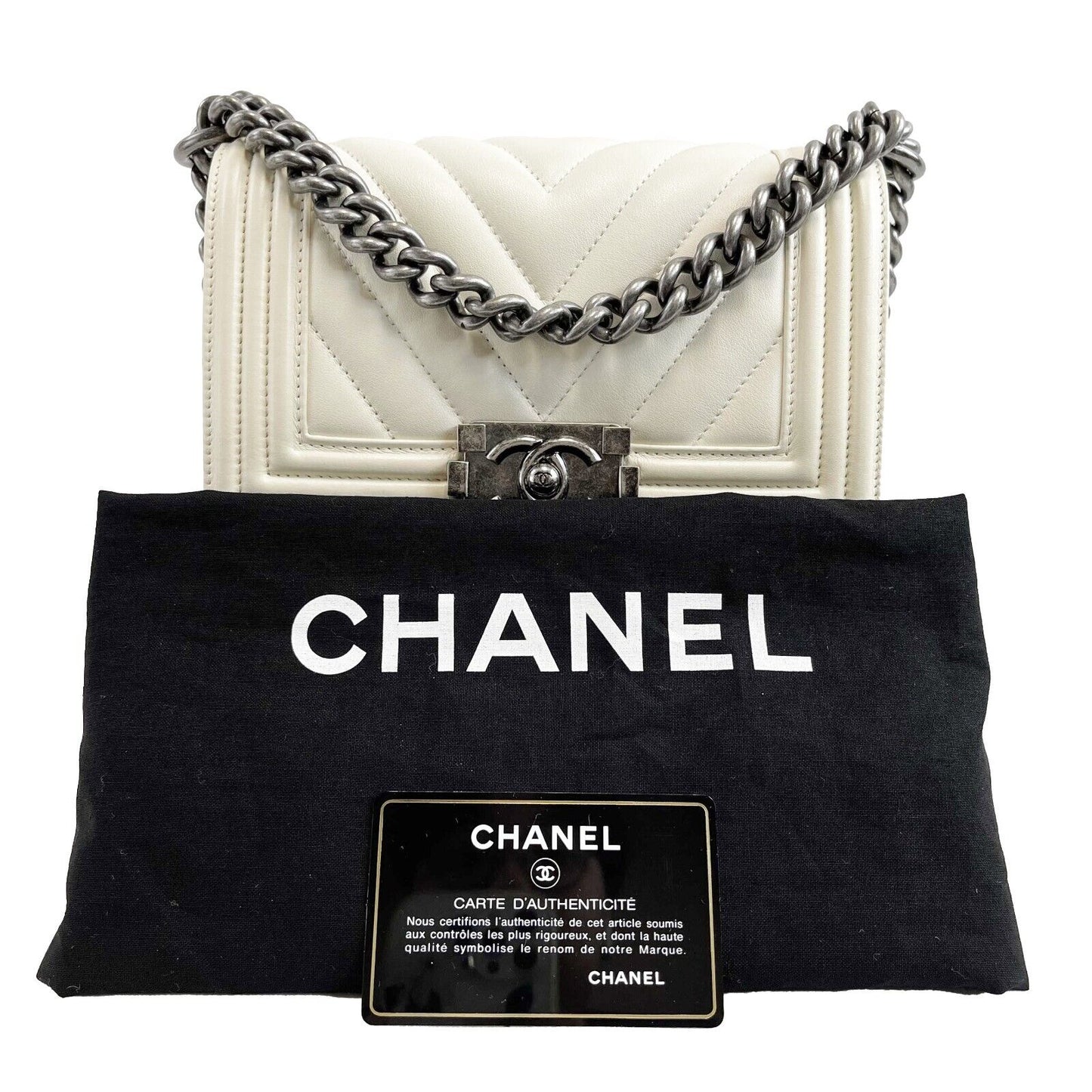 CHANEL Boy Flap Chevron Quilted White Shoulder Bag Mini