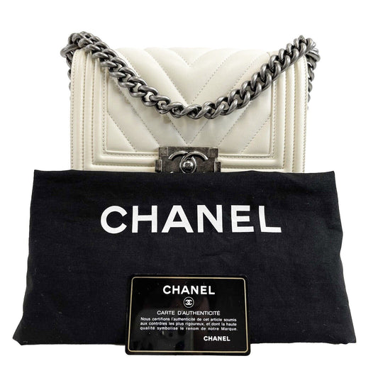 CHANEL Boy Flap Chevron Quilted White Shoulder Bag Mini