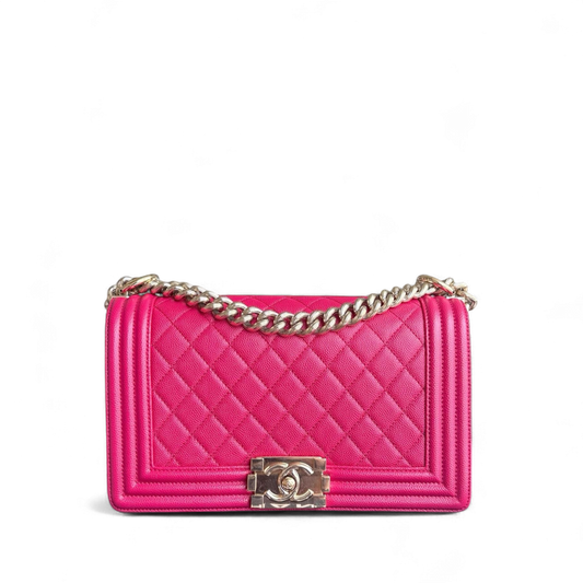 Chanel Boy Medium - Caviar 25CM Quilted Grained Calfskin Hot Pink Gold Hardware Series 23