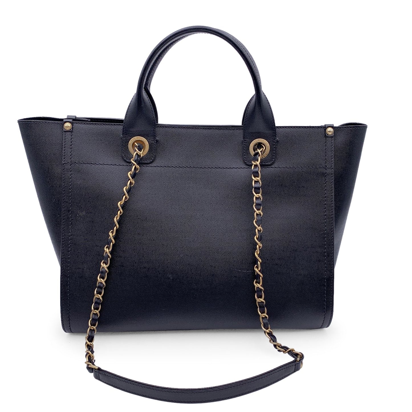 CHANEL Black Caviar Leather Studded Deauville Tote Shoulder Bag