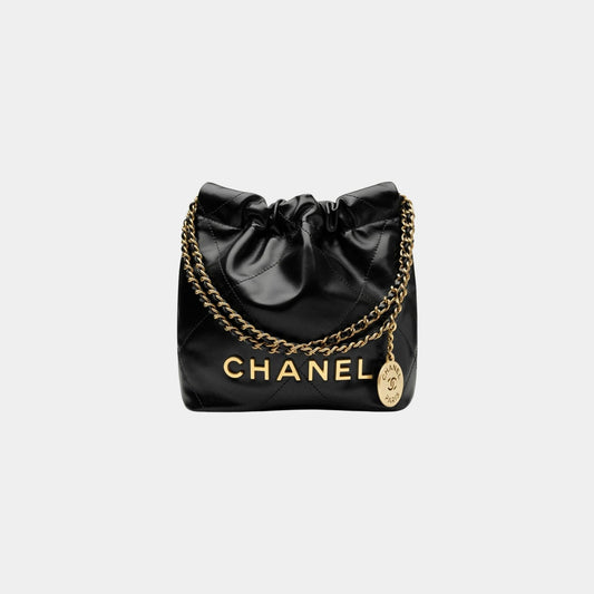 CHANEL 22 Mini Handbag Shiny Calfskin Gold Tone Metal Black
