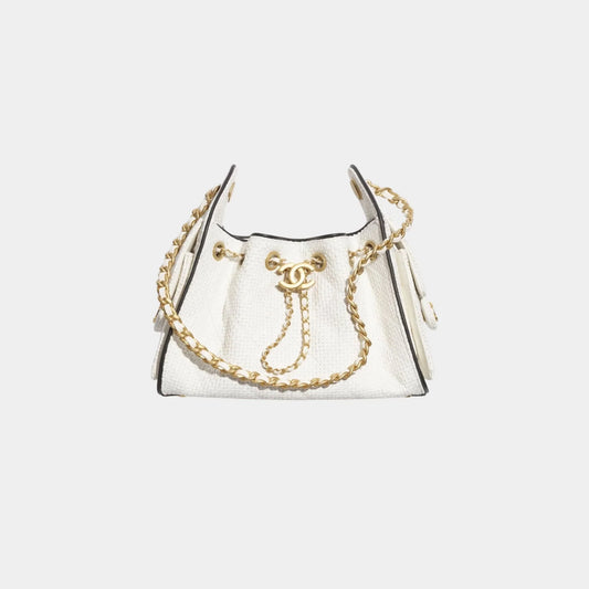 Chanel 25 Mini Handbag Braided Raffia Calfskin & Gold Tone Metal