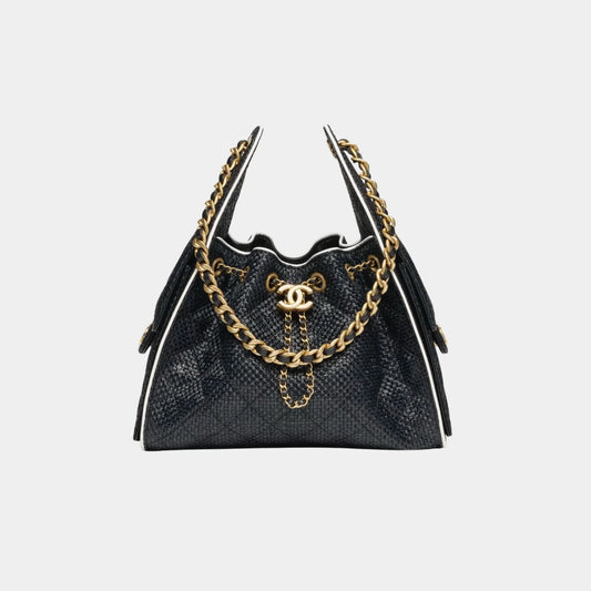 Chanel 25 Small Handbag Braided Raffia Calfskin & Gold Tone Metal