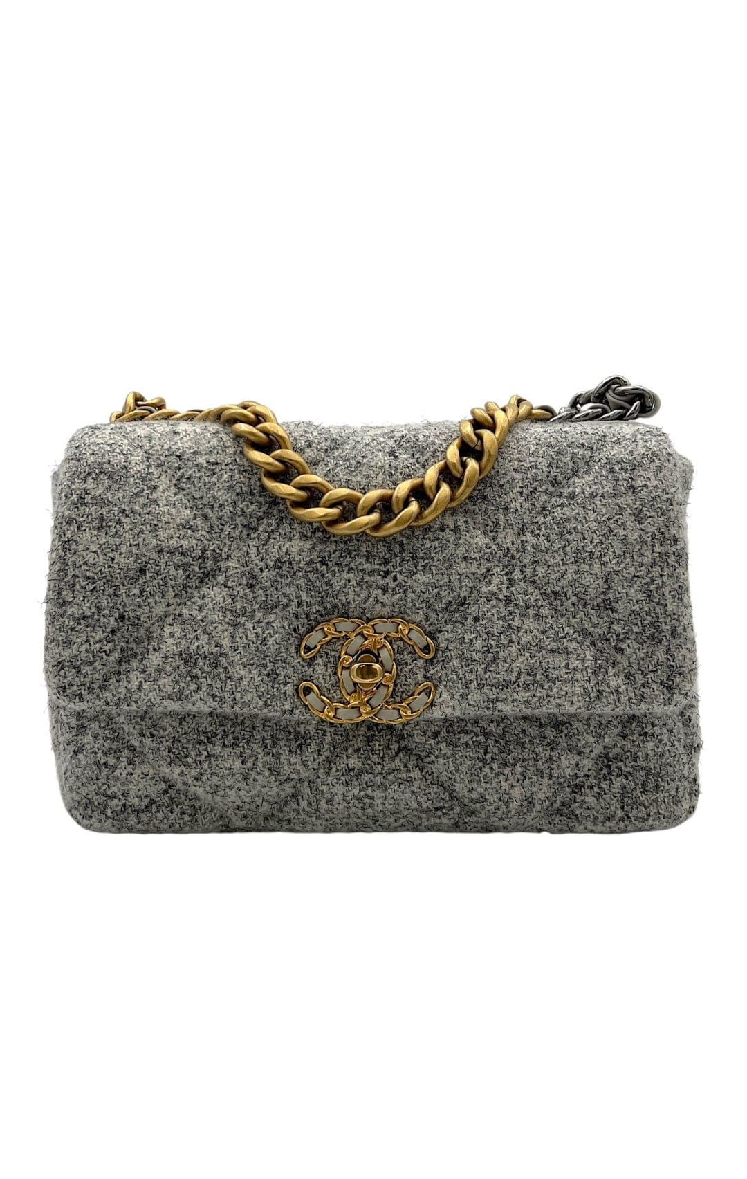 Chanel C19 Small Grey Shoulder Bag in Tweed Gold hardware S2411 002674DT