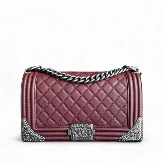 Chanel Boy Medium - 25CM Quilted Limited Edition Paris-Dallas Metal Edge Grained Calfskin Burgundy Silver Hardware Series 19