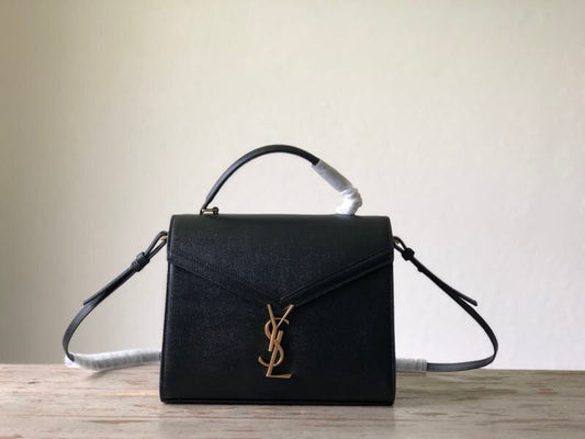 Yves Saint Laurent Cassandra Medium Top Handle Bag In Grain De Poudre Embossed Black.6in/