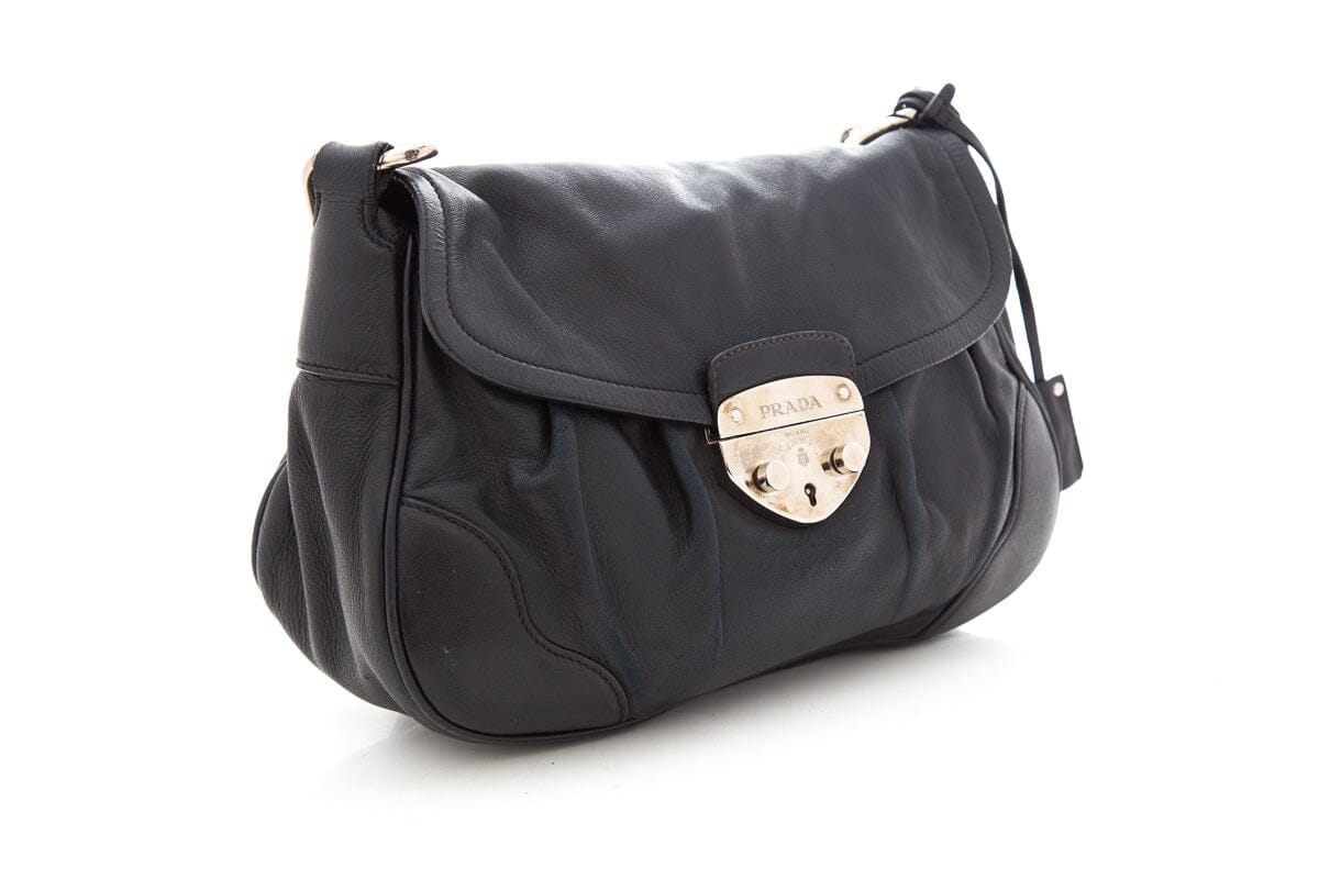 Prada Milano Dal Black Leather Pushlock & Key Handbag