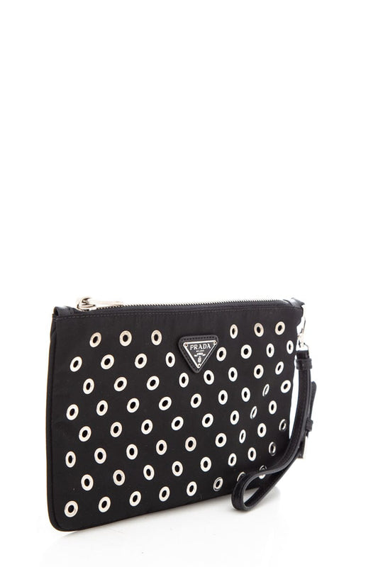 Prada Black & Silver Grommet Studded Pouch Luxury Handbag