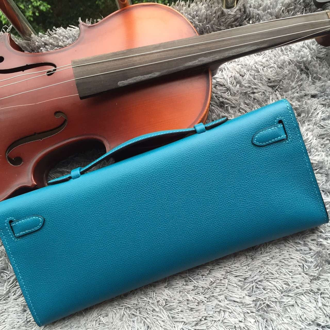 Luxury Hermes Turquoise Handcrafted Kelly Cut Clutch