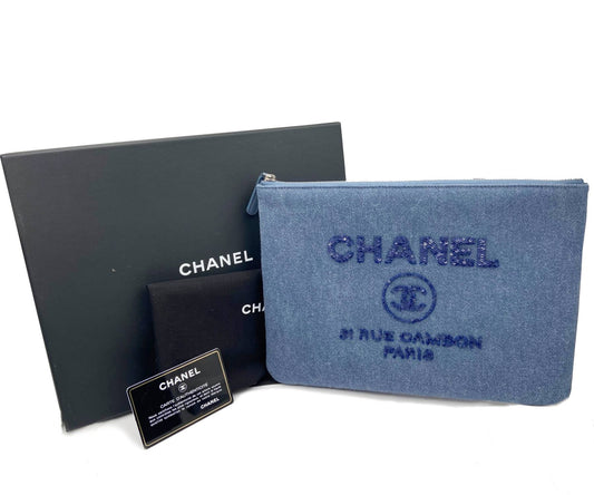 CHANEL Brand New Deauville Blue Denim Sequin Large Clutch