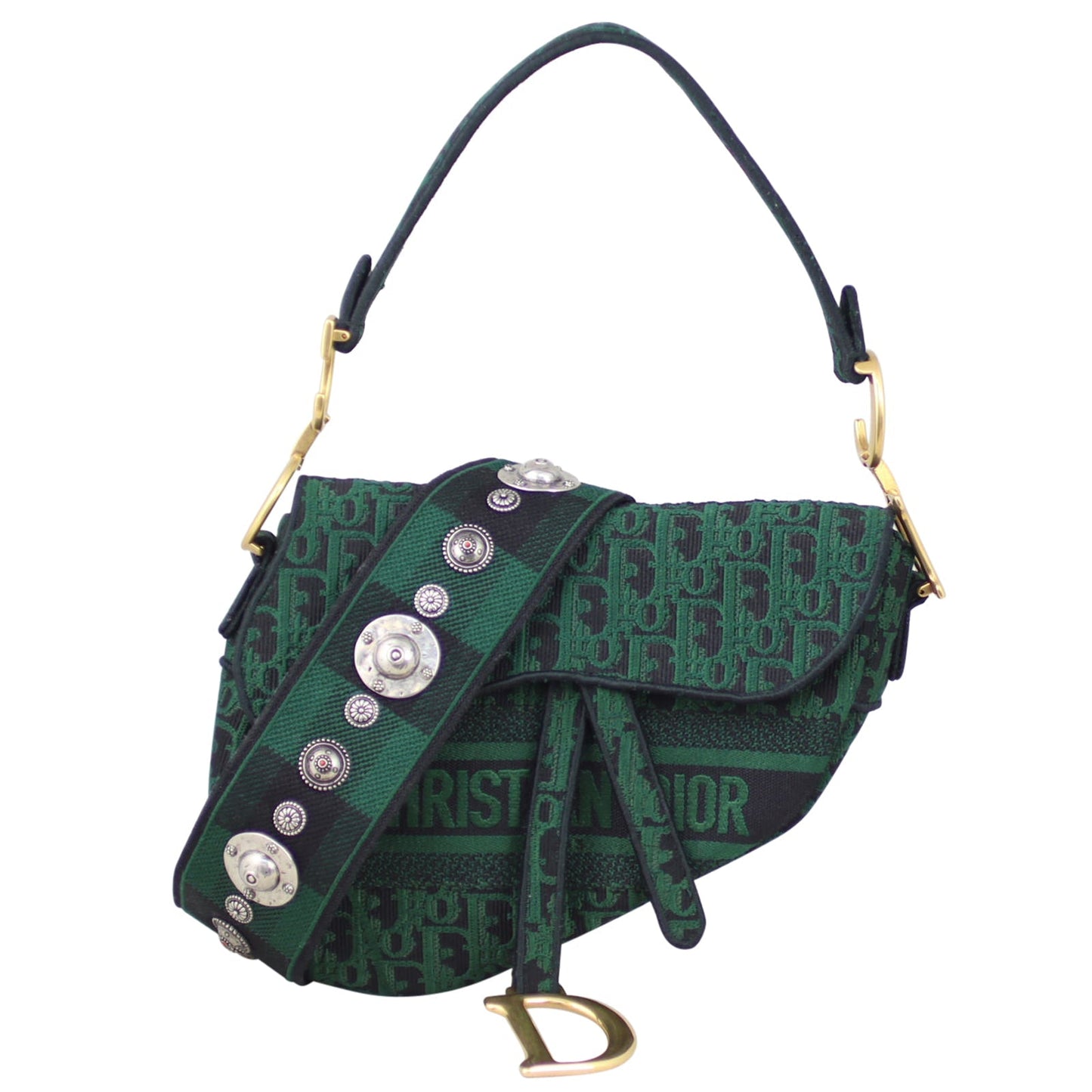Dior Oblique Embroidery Saddle Bag with Tartan Studded Shoulder Strap