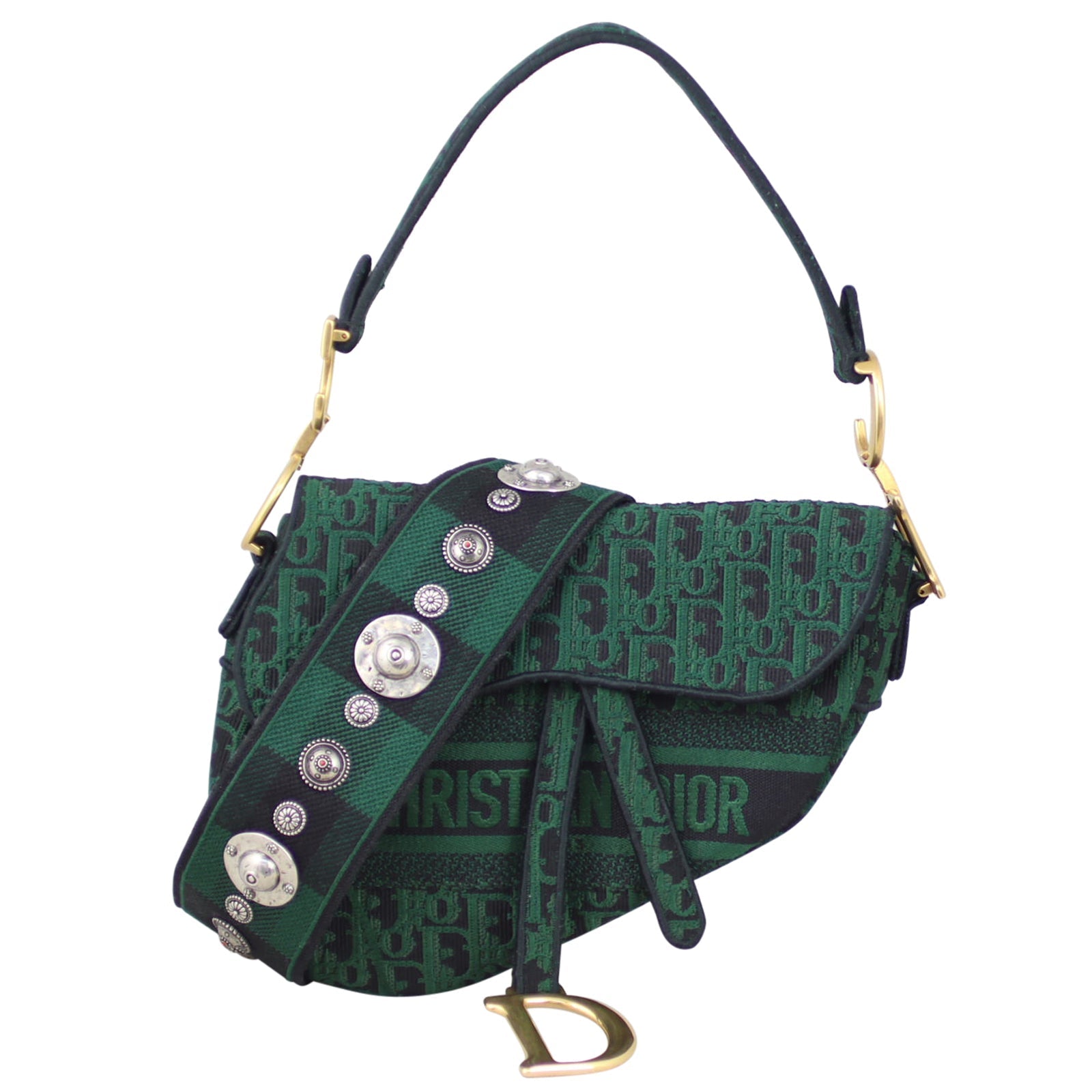 Dior Oblique Embroidery Saddle Bag with Tartan Studded Shoulder Strap