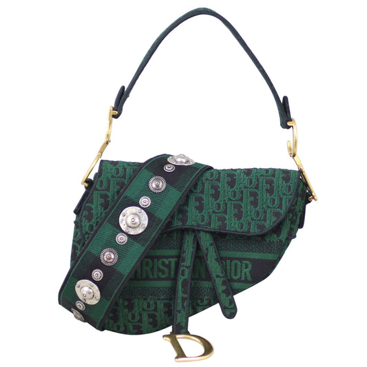 Dior Oblique Embroidery Saddle Bag with Tartan Studded Shoulder Strap
