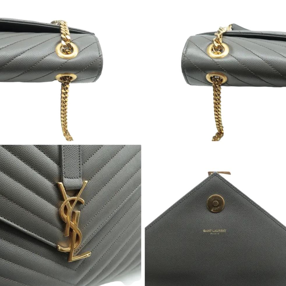 SAINT LAURENT Large Envelope Chevron Leather Shoulder Bag Gray