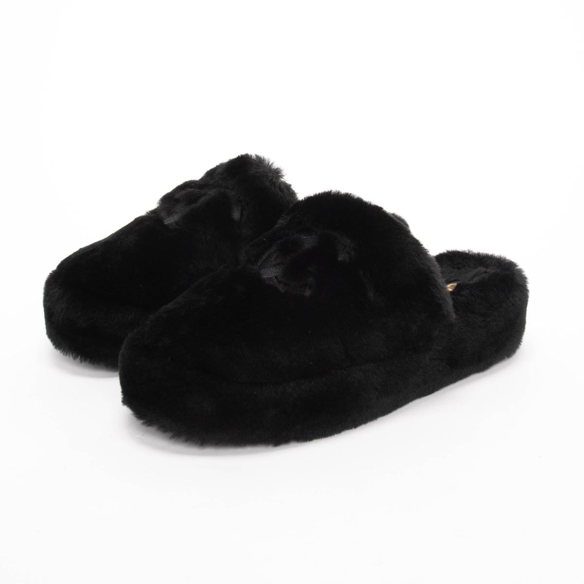 Chanel Black Shearling CC Travel Slippers & Pouch Clutch