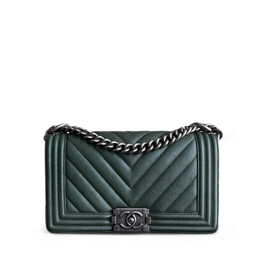 Chanel Boy Medium - Caviar 25CM Chevron Dark Green Ruthenium Silver Hardware Series 26