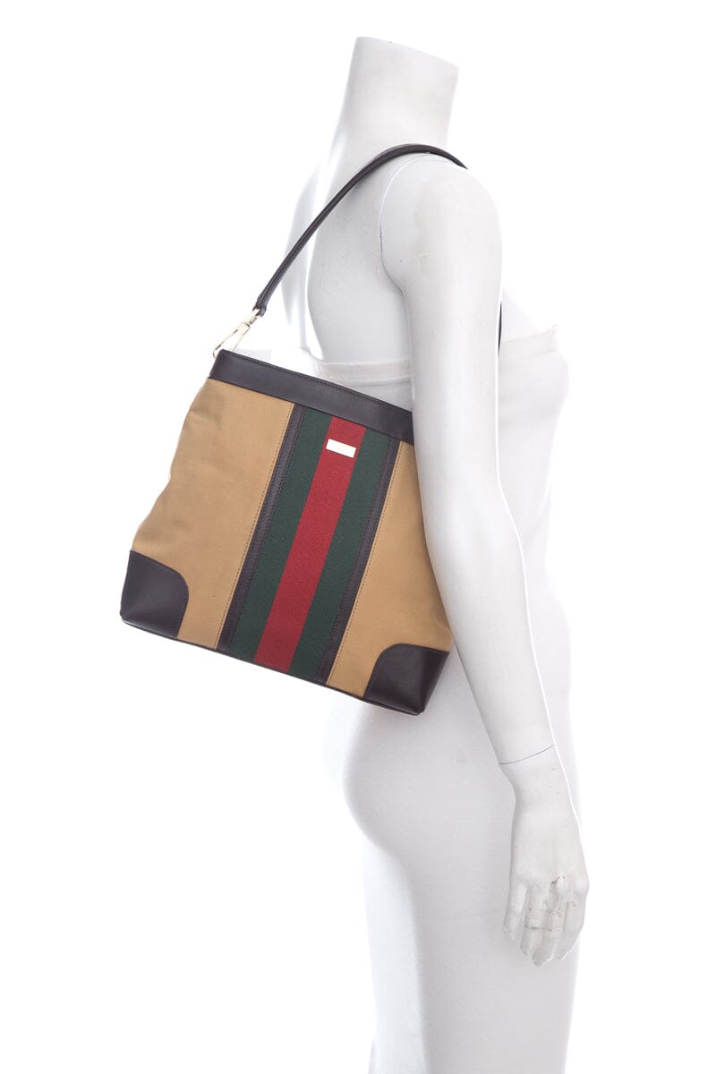 Gucci Web Tan Leather Canvas Shoulder Bag