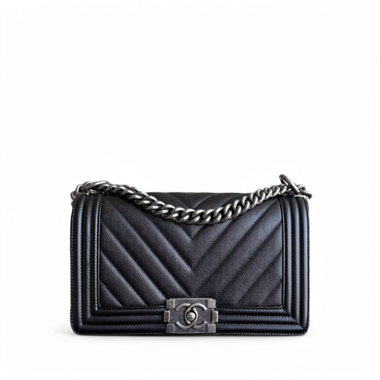 Chanel Boy Medium - Caviar 25CM Chevron Black Ruthenium Silver Hardware Series 24