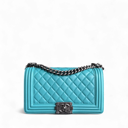 Chanel Boy Medium - 25CM Quilted Lambskin Blue Ruthenium Silver Hardware Series 19