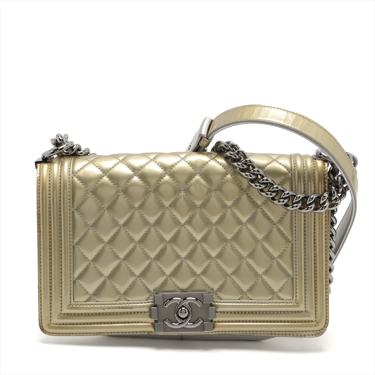 Chanel Boy Chanel 25 Patent Leather Chain Shoulder Bag G x Silver Silver 17 A67086