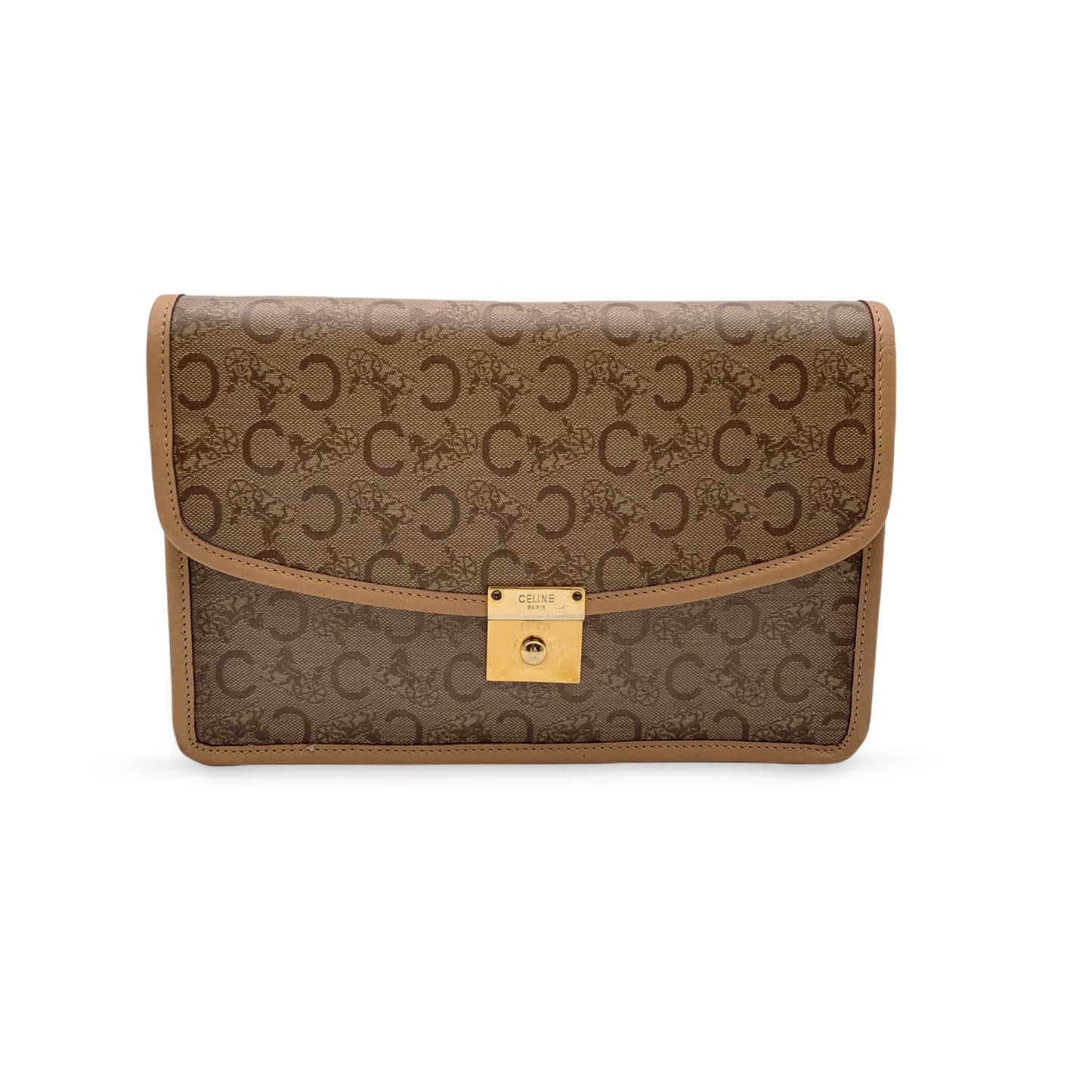 Luxury CELINE Beige Vinyl C Macadam Canvas Clutch Bag Purse